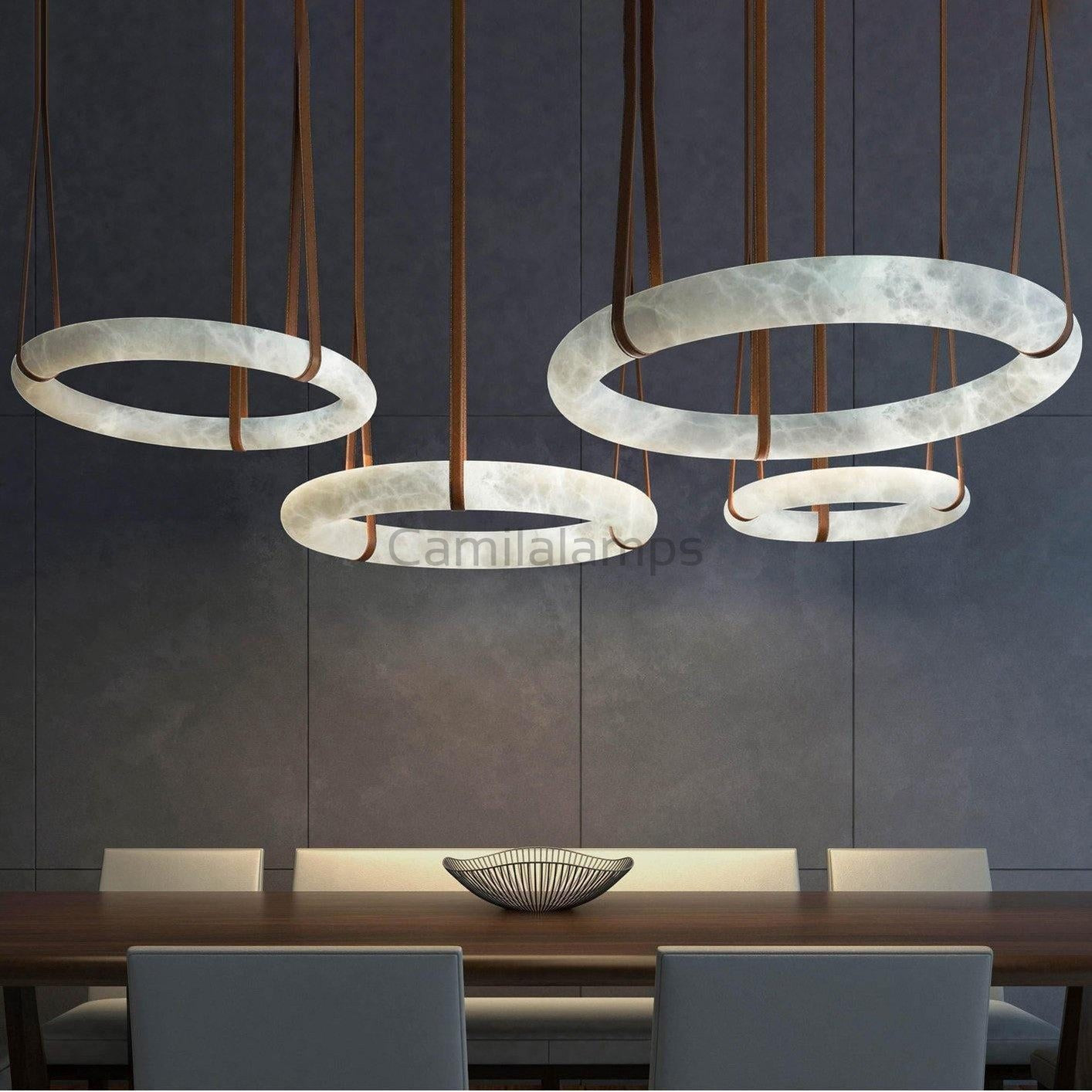 Oslo Pendant Alabaster Chandelier, Halo Ring Chandelier With Leather Chandelier Kevin Studio Inc 23.6" D Single Ring  