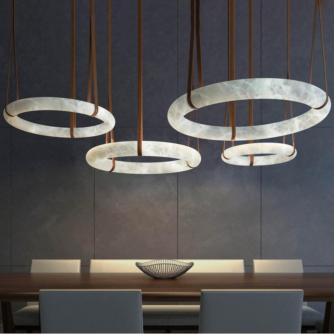 Oslo Pendant Alabaster Chandelier, Halo Ring Chandelier With Leather Chandelier Kevin Studio Inc   