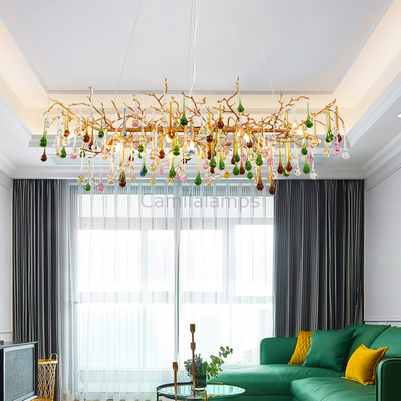 Avis Colorful Crystal Linear Branch Chandelier For Living Room - Ineffable Lighting