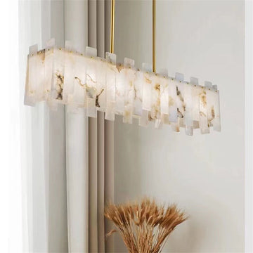 Jean Modern Marble Alabaster Linear Chandelier Over Dining Table chandelier Kevin Studio Inc   