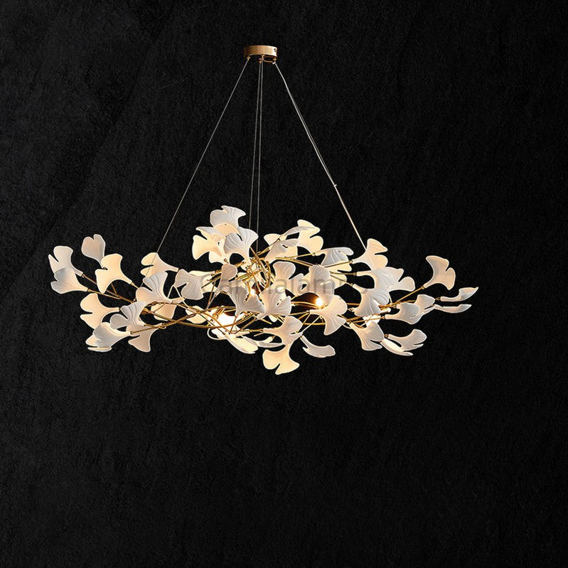 Ginkgo Ceramic Petal Modern Linear Branch Chandelier - Ineffable Lighting