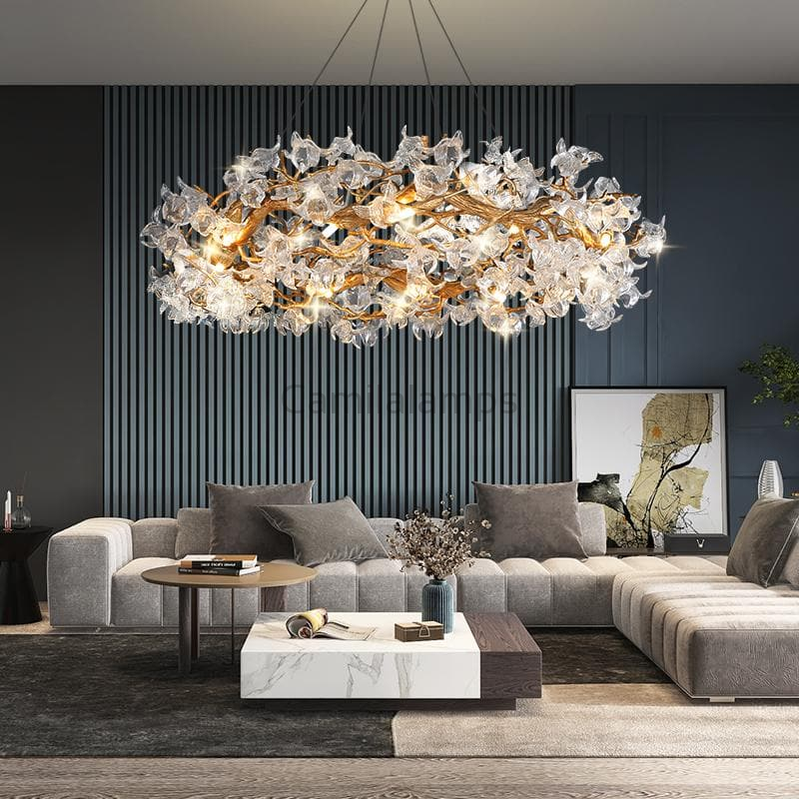 Modern Petal Crystal Round Brass Branch Chandelier - Ineffable Lighting