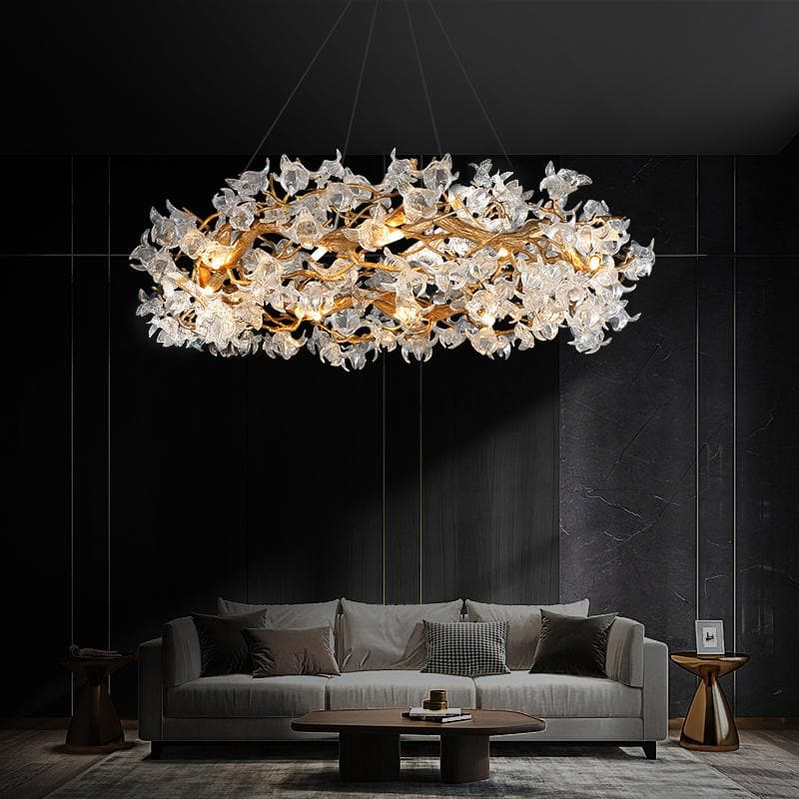 Modern Petal Crystal Round Brass Branch Chandelier - Ineffable Lighting