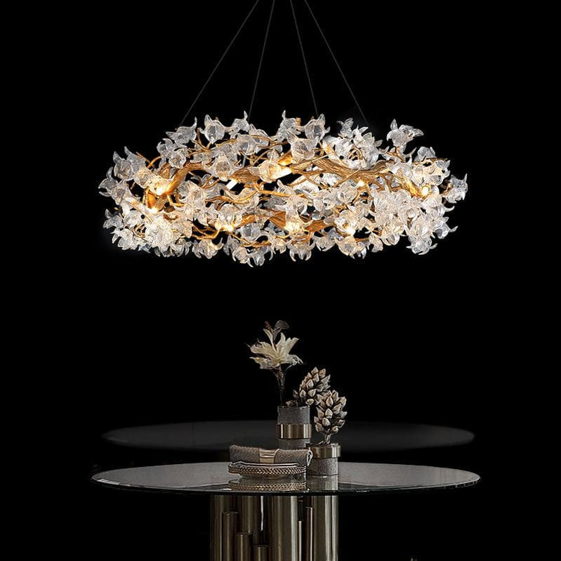 Modern Petal Crystal Round Brass Branch Chandelier - Ineffable Lighting