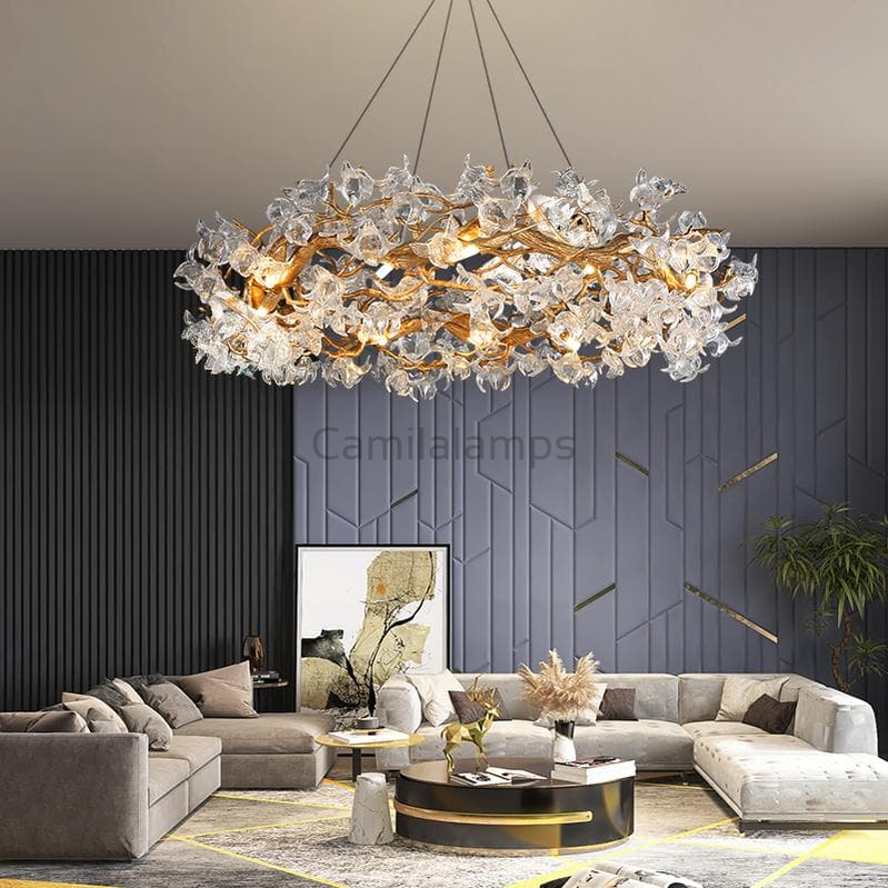 Modern Petal Crystal Round Brass Branch Chandelier - Ineffable Lighting